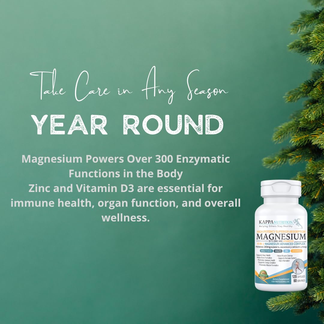 Kappa Nutrition Magnesium 4-in-1 (280 mg) with Zinc & Vitamin D3 | 120 Vegan Capsules