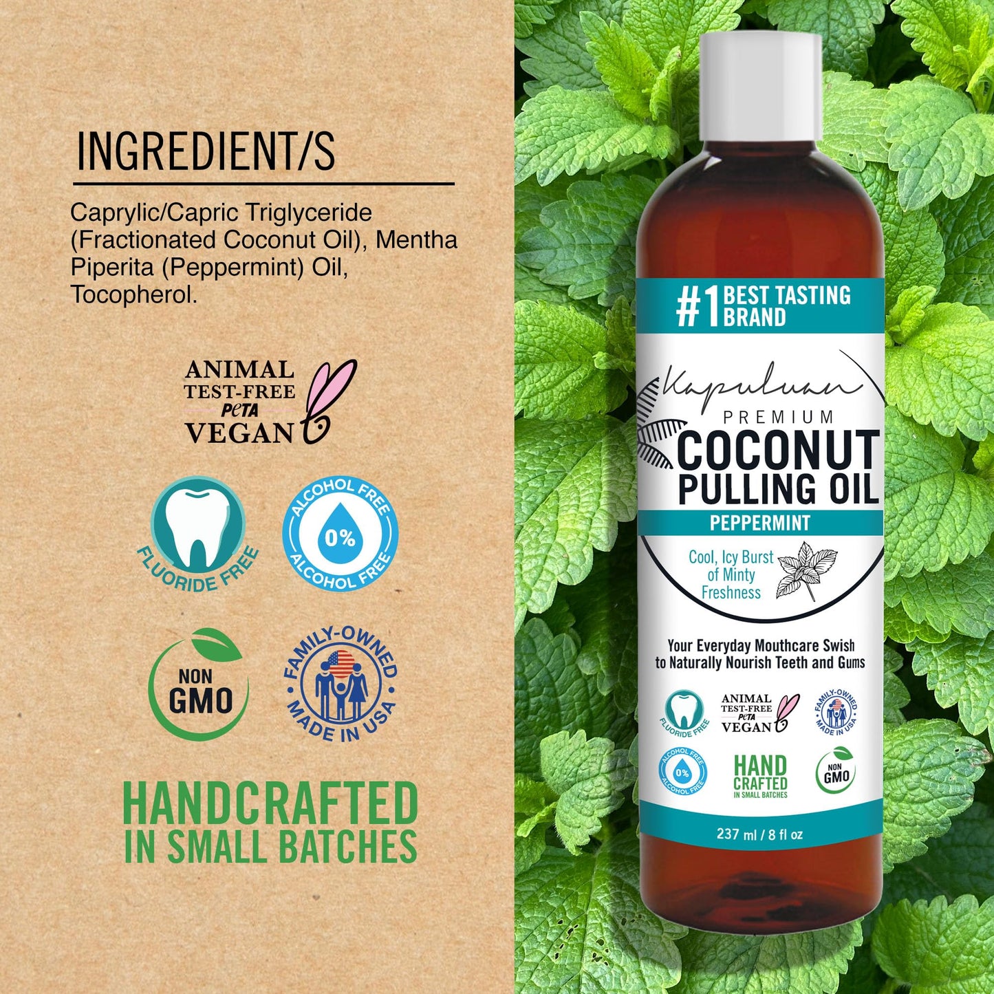 Kapuluan Coconut Oil Pulling for Teeth and Gums – Pure Peppermint Mouthwash, 100% Natural, Non-GMO, Ayurvedic