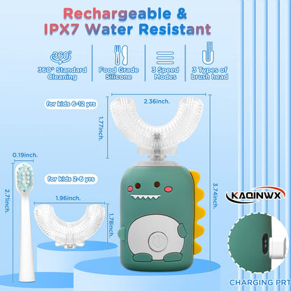 KAQINWX Kids U-Shaped Electric Toothbrush - 2-12 Years, 3 Modes, Dino Design