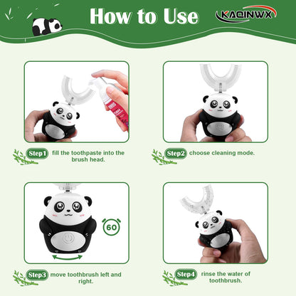 KAQINWX Kids U Shaped Electric Toothbrush – Panda Design, 3 Modes, 60s Timer, IPX7 Waterproof, Ages 2-12