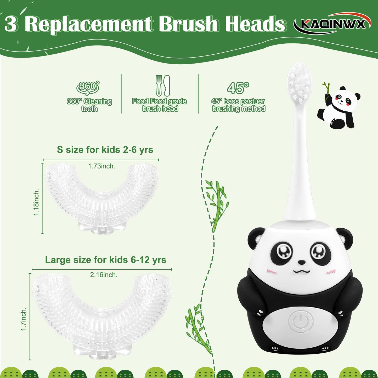 KAQINWX Kids U Shaped Electric Toothbrush – Panda Design, 3 Modes, 60s Timer, IPX7 Waterproof, Ages 2-12