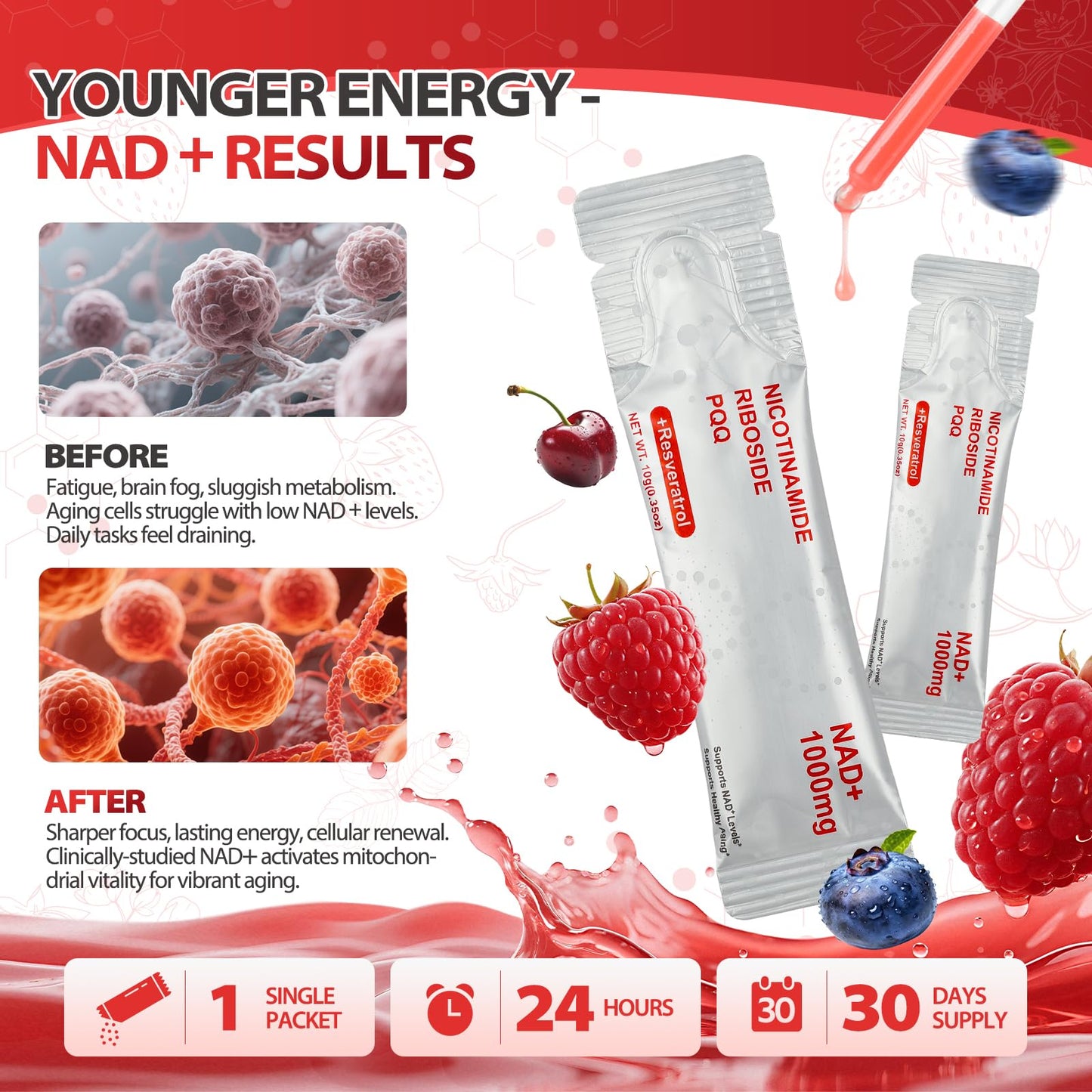 Kaseano NAD Supplement - Liposomal NAD+ Liquid 1000mg | 30 Packets