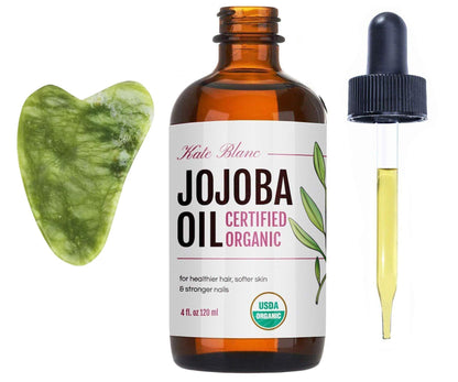 Kate Blanc Jojoba Oil for Hair, Skin & Face with Gua Sha Stone Kit (4oz, Organic)