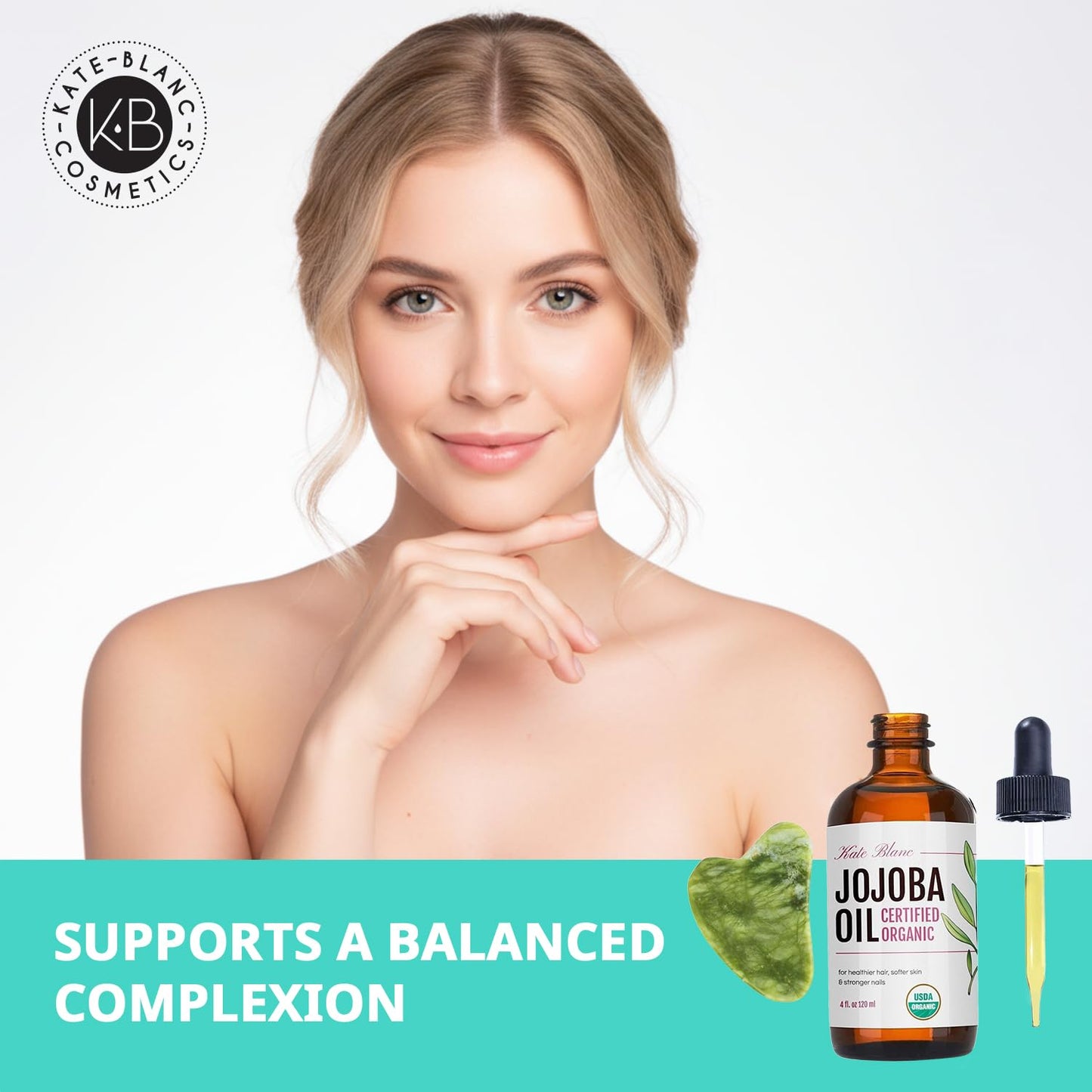 Kate Blanc Jojoba Oil for Hair, Skin & Face with Gua Sha Stone Kit (4oz, Organic)