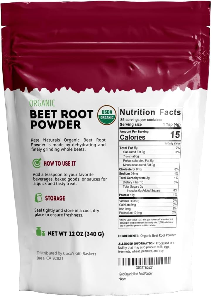 Kate Naturals Organic Beet Root Powder for Smoothies, Baking & Juice. Raw Beetroot Superfood & Natural Red Food Coloring (12oz, Non-GMO, Earthy Flavor)