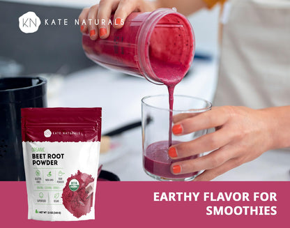 Kate Naturals Organic Beet Root Powder for Smoothies, Baking & Juice. Raw Beetroot Superfood & Natural Red Food Coloring (12oz, Non-GMO, Earthy Flavor)