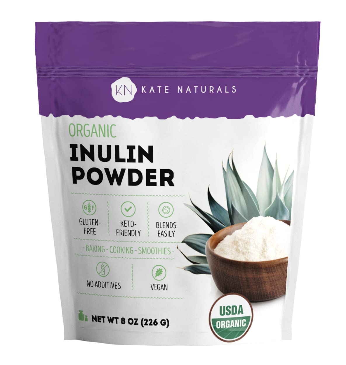 Kate Naturals Inulin Powder Organic Blue Agave (8oz) - Prebiotic Fiber for Coffee, Yogurt & Smoothies