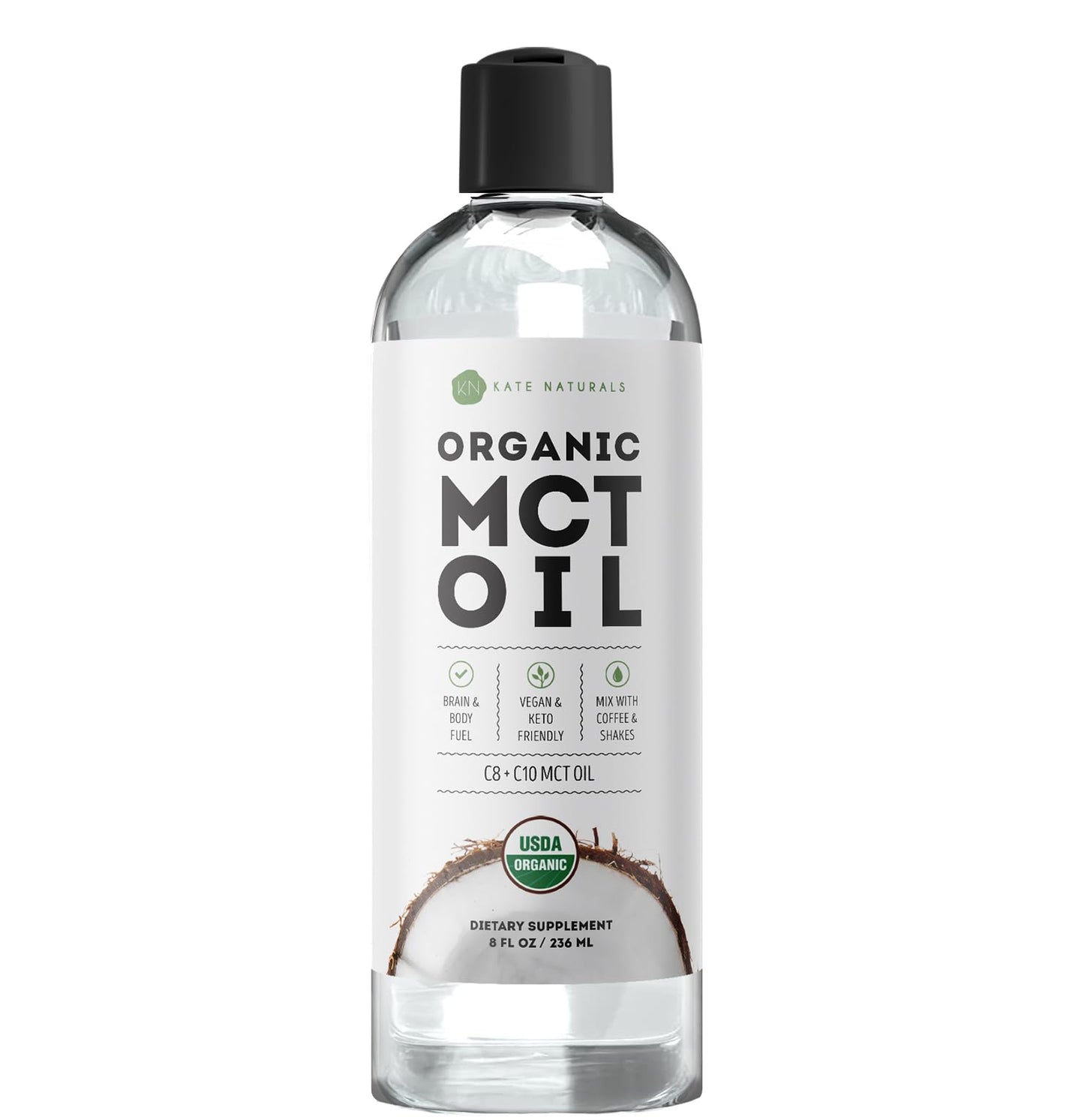 Kate Naturals Organic MCT Oil for Coffee – C8 & C10, 8oz, Unflavored