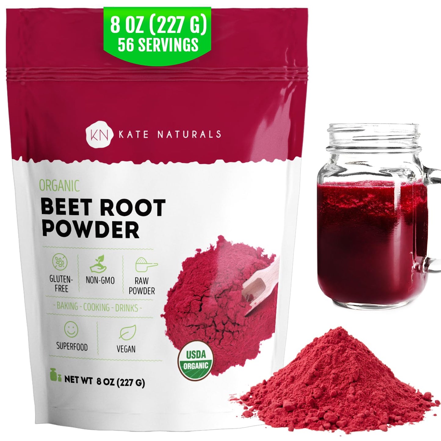 Kate Naturals Organic Beet Root Powder - 8oz, Non-GMO | Smoothies, Baking & Juices