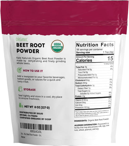 Kate Naturals Organic Beet Root Powder - 8oz, Non-GMO | Smoothies, Baking & Juices