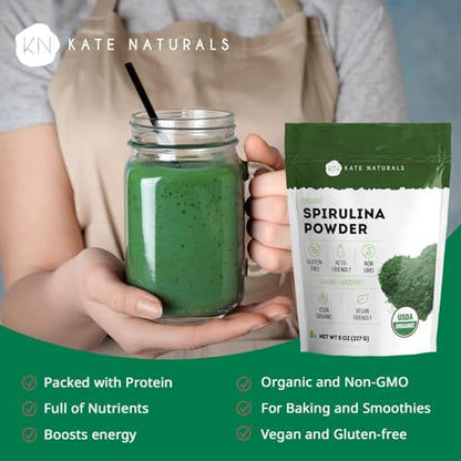 Kate Naturals Organic Spirulina Powder – Immune Support & Antioxidants, 8 oz, USDA Organic, Non-GMO, Gluten-Free