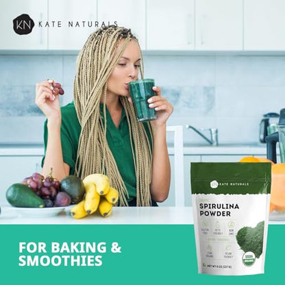 Kate Naturals Organic Spirulina Powder – Immune Support & Antioxidants, 8 oz, USDA Organic, Non-GMO, Gluten-Free