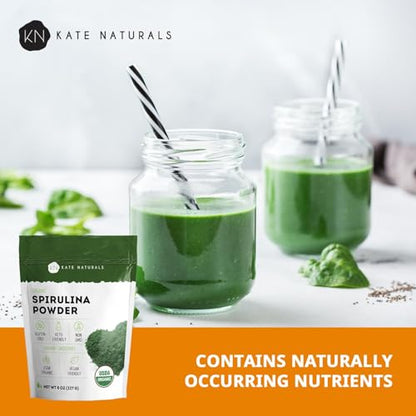 Kate Naturals Organic Spirulina Powder – Immune Support & Antioxidants, 8 oz, USDA Organic, Non-GMO, Gluten-Free