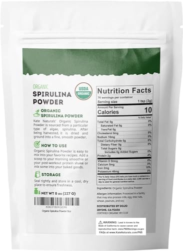 Kate Naturals Organic Spirulina Powder – Immune Support & Antioxidants, 8 oz, USDA Organic, Non-GMO, Gluten-Free