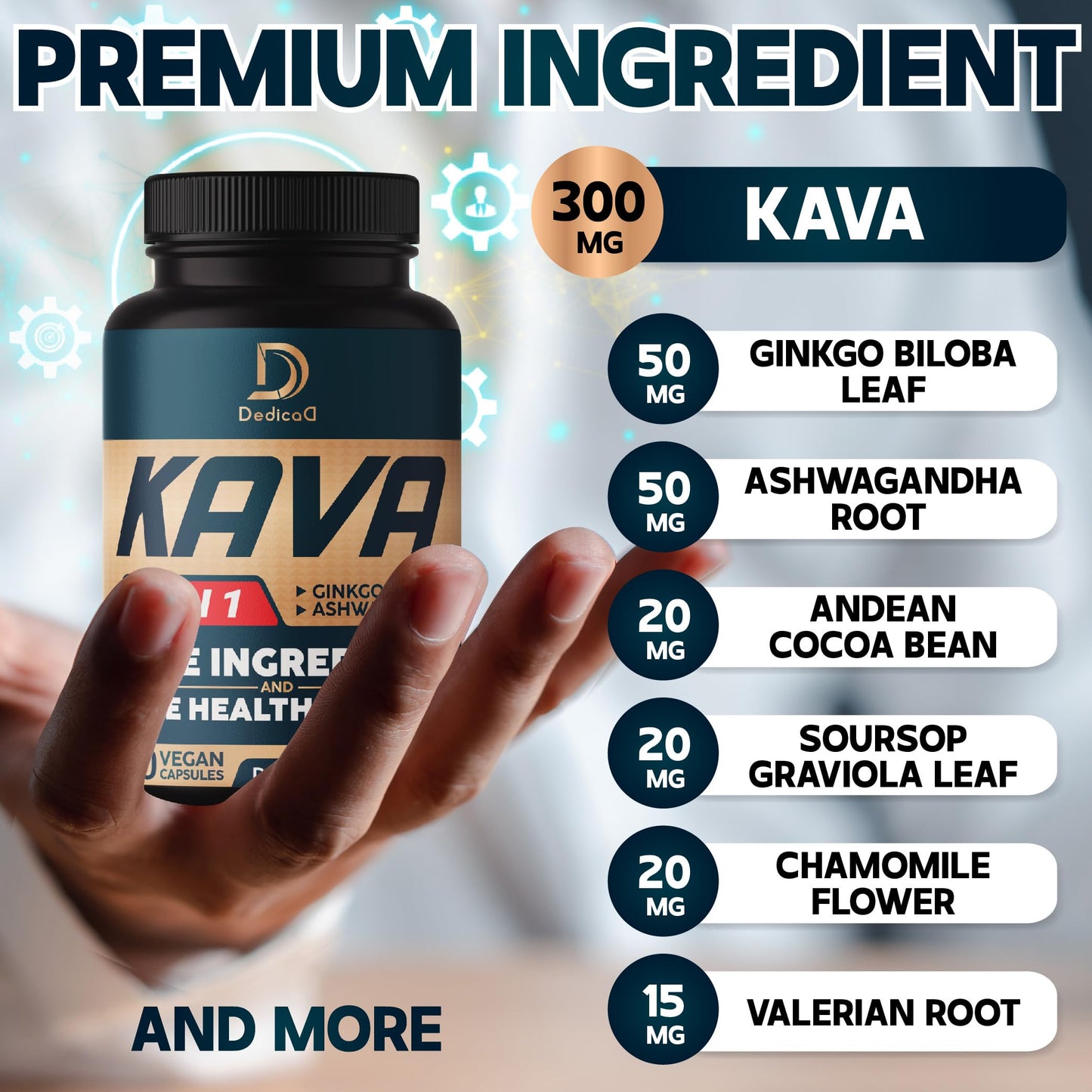 DEDICAD Kava Kava Capsules – 3-Month Supply, 90 Vegan Pills | 9-Herb Mood & Immune Support