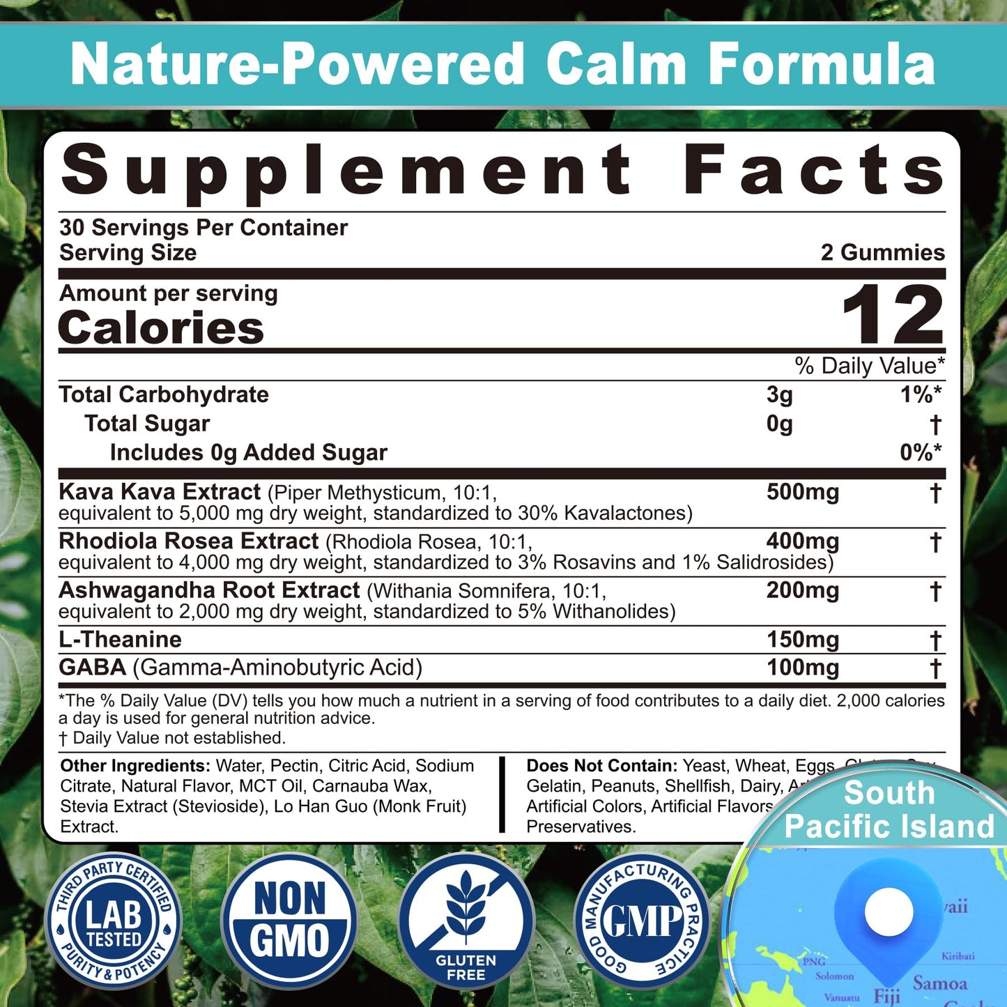 Kava Kava Gummies – Sugar-Free Calm Gummies with Rhodiola, Ashwagandha, L-Theanine, GABA | Vegan 60 Count