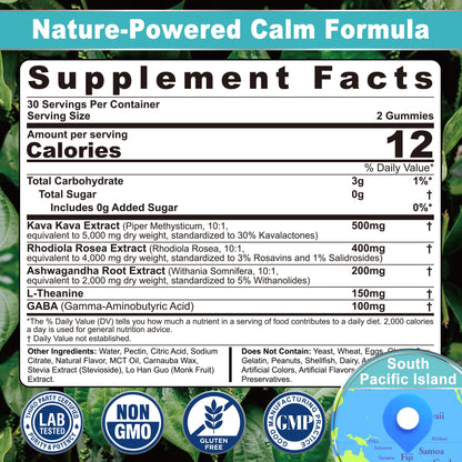 Kava Kava Gummies – Sugar-Free Calm Gummies with Rhodiola, Ashwagandha, L-Theanine, GABA | Vegan 60 Count