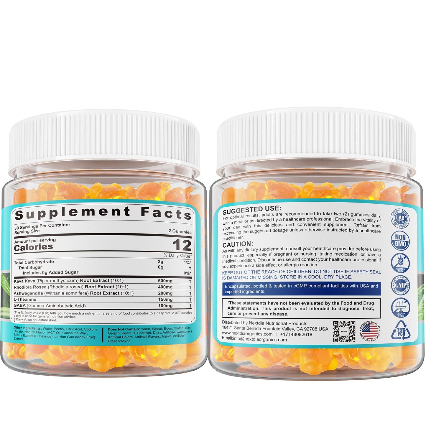 Kava Kava Gummies – Sugar-Free Calm Gummies with Rhodiola, Ashwagandha, L-Theanine, GABA | Vegan 60 Count