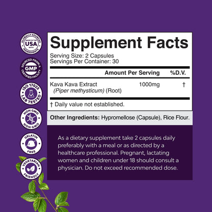Kava Kava Root Extract 1000mg – Fast Acting Calm, Mood Support & Sleep | 30 Servings
