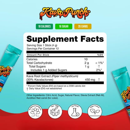 KAVA PUNCH Relaxation Drink Mix – 12-Stick Pack | Non-Alcoholic, Low-Calorie Stress Relief