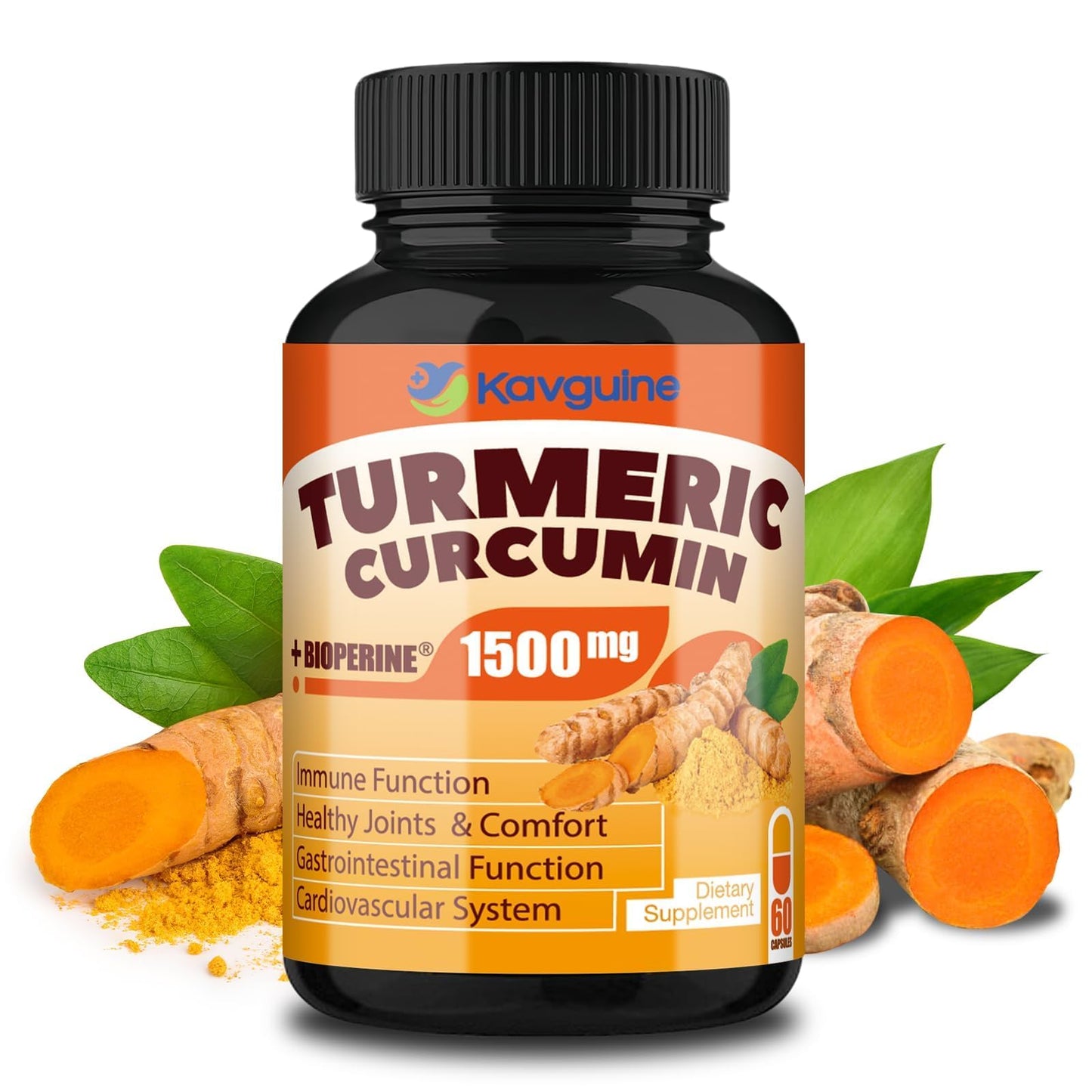 Kavguine Turmeric Curcumin 1650mg – Organic Turmeric Capsules with BioPerine (60 Caps)