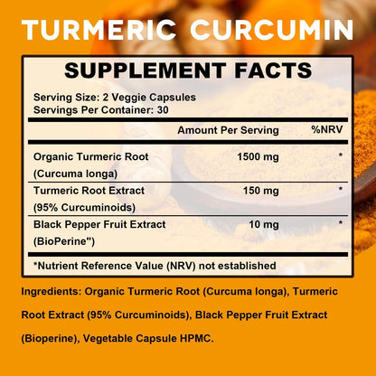 Kavguine Turmeric Curcumin 1650mg – Organic Turmeric Capsules with BioPerine (60 Caps)