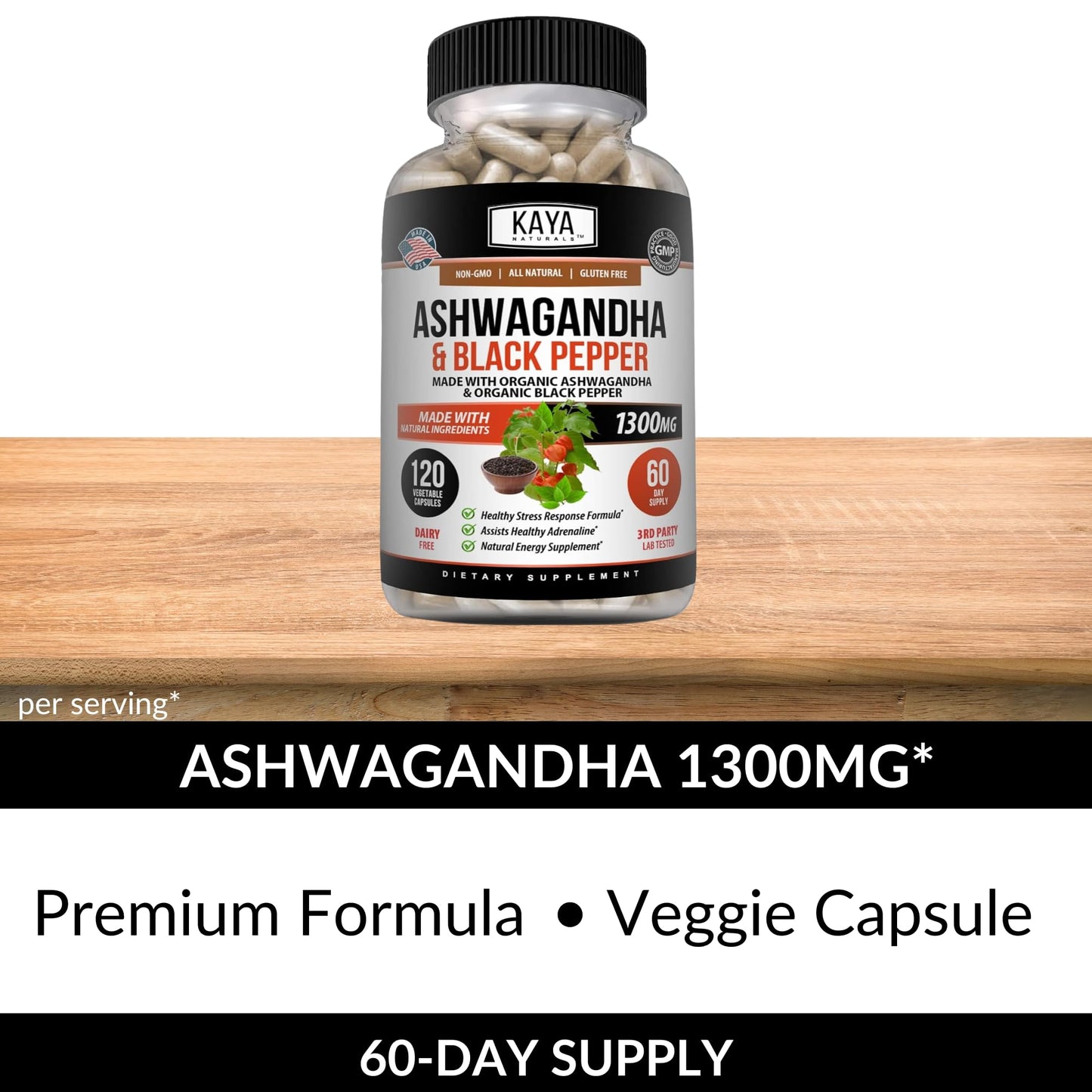 Kaya Naturals Ashwagandha 1300mg – Stress & Adrenal Support (Pack of 2, 240 Capsules)