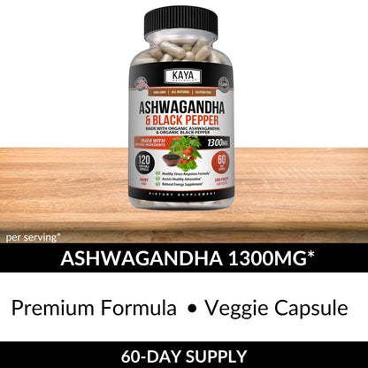 Kaya Naturals Ashwagandha 1300mg – Stress & Adrenal Support (Pack of 2, 240 Capsules)