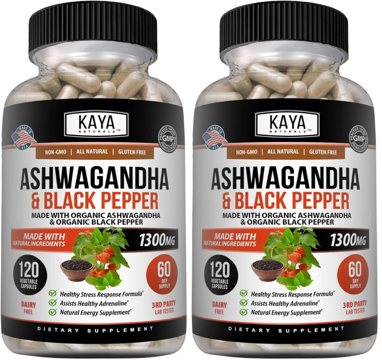 Kaya Naturals Ashwagandha 1300mg – Stress & Adrenal Support (Pack of 2, 240 Capsules)