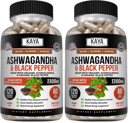 Kaya Naturals Ashwagandha 1300mg – Stress & Adrenal Support (Pack of 2, 240 Capsules)