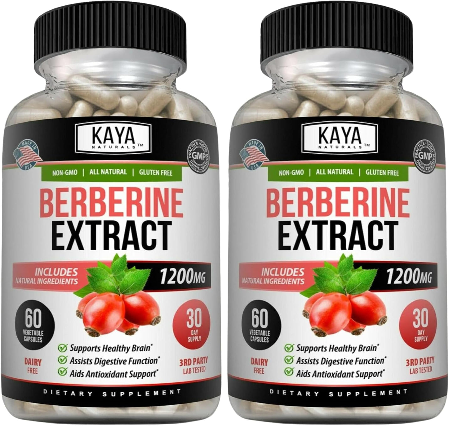 Kaya Naturals Berberine HCL 1200mg – Immune & Gut Health | Vegetarian, Non-GMO, Gluten-Free | 60 Count (Pack of 2)