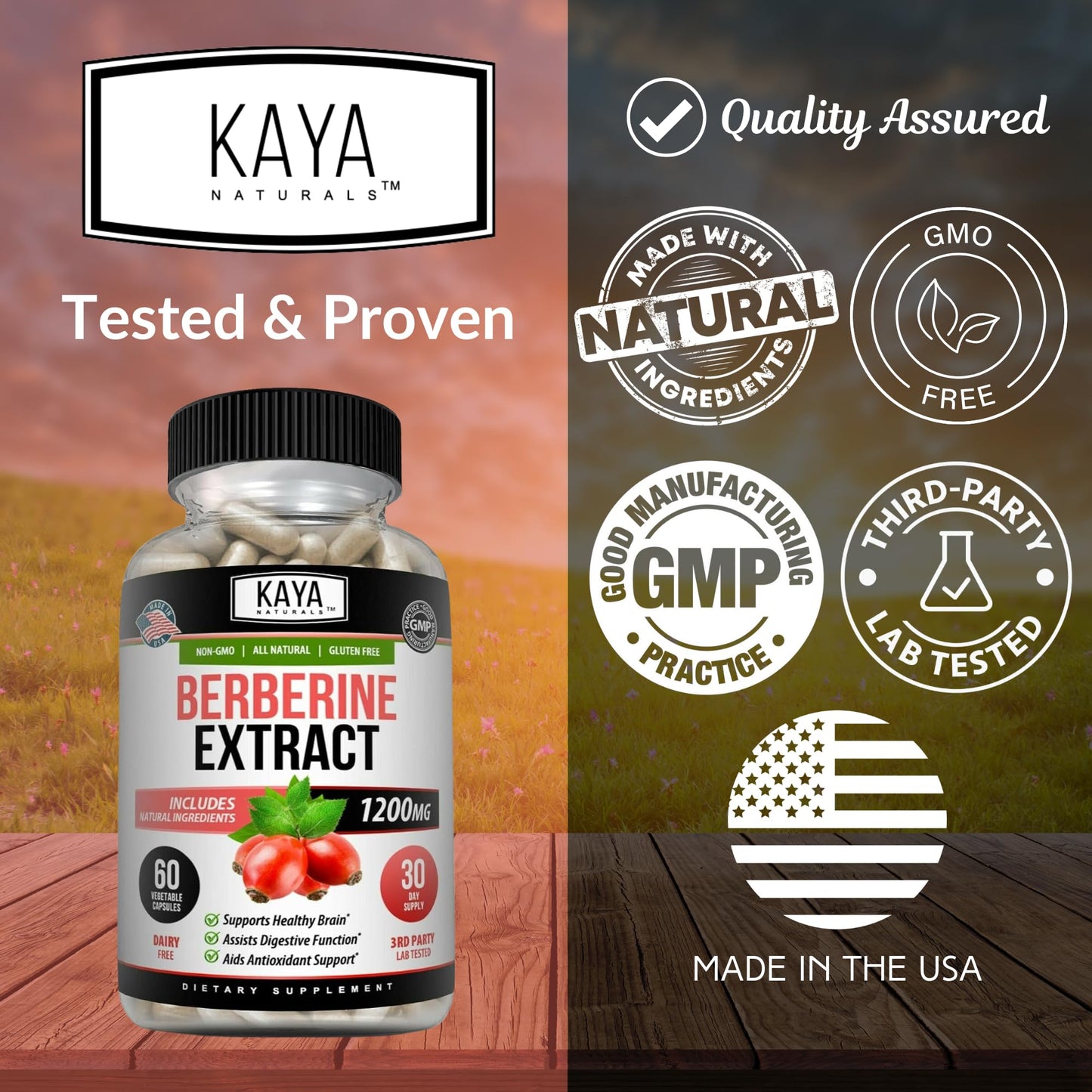Kaya Naturals Berberine HCL 1200mg – Immune & Gut Health | Vegetarian, Non-GMO, Gluten-Free | 60 Count (Pack of 2)