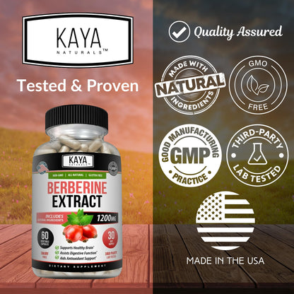 Kaya Naturals Berberine HCL 1200mg – Immune & Gut Health | Vegetarian, Non-GMO, Gluten-Free | 60 Count (Pack of 2)
