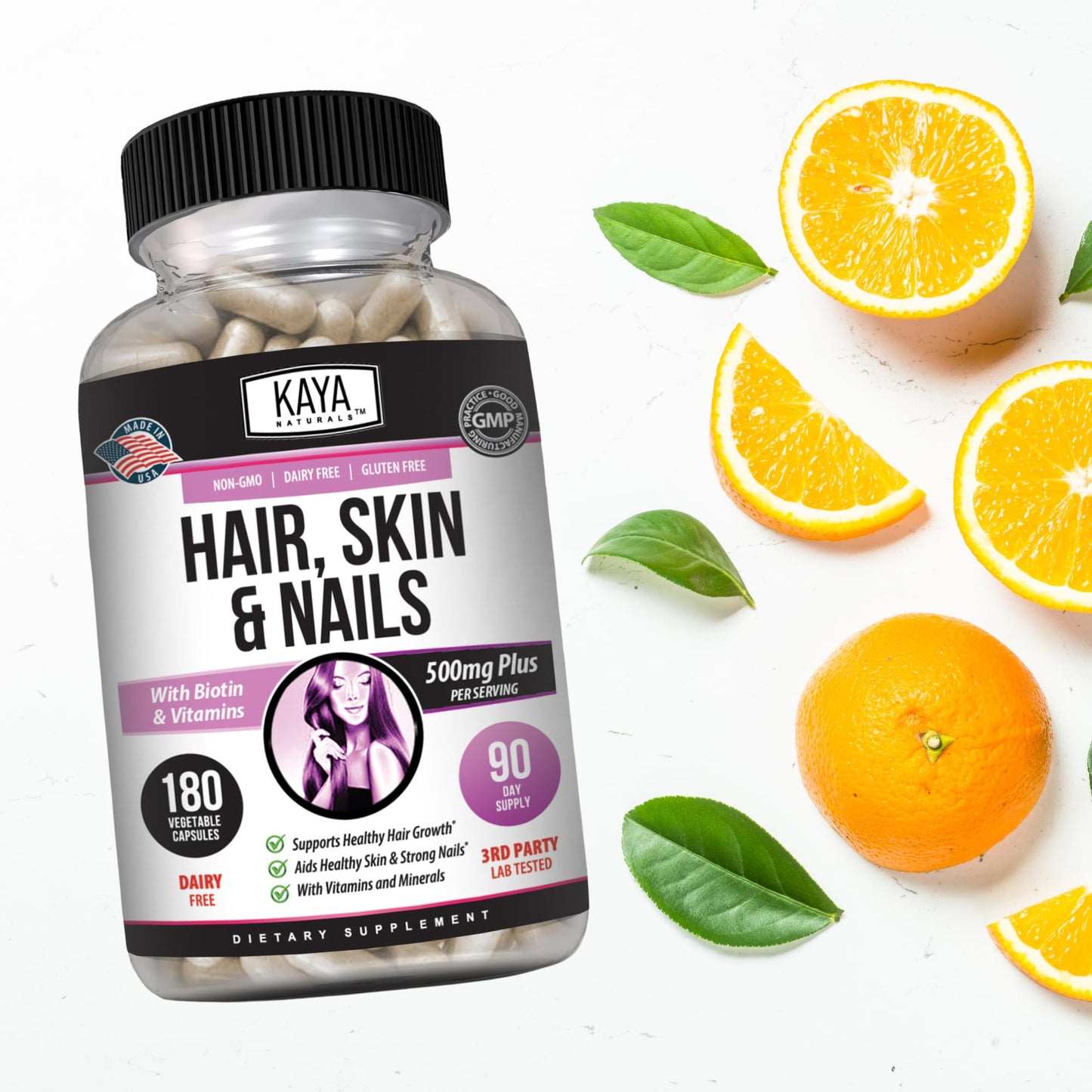 Kaya Naturals Hair Skin Nails Capsules – Biotin, Vitamin D & B-12 (180 Count)