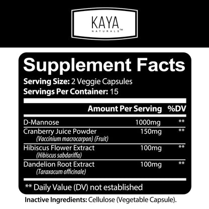 Kaya Naturals D-Mannose Urinary Tract Support – Cranberry, Hibiscus & Dandelion Root | 30 Veggie Capsules
