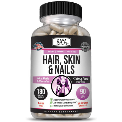 Kaya Naturals Hair Skin Nails Capsules – Biotin, Vitamin D & B-12 (180 Count)
