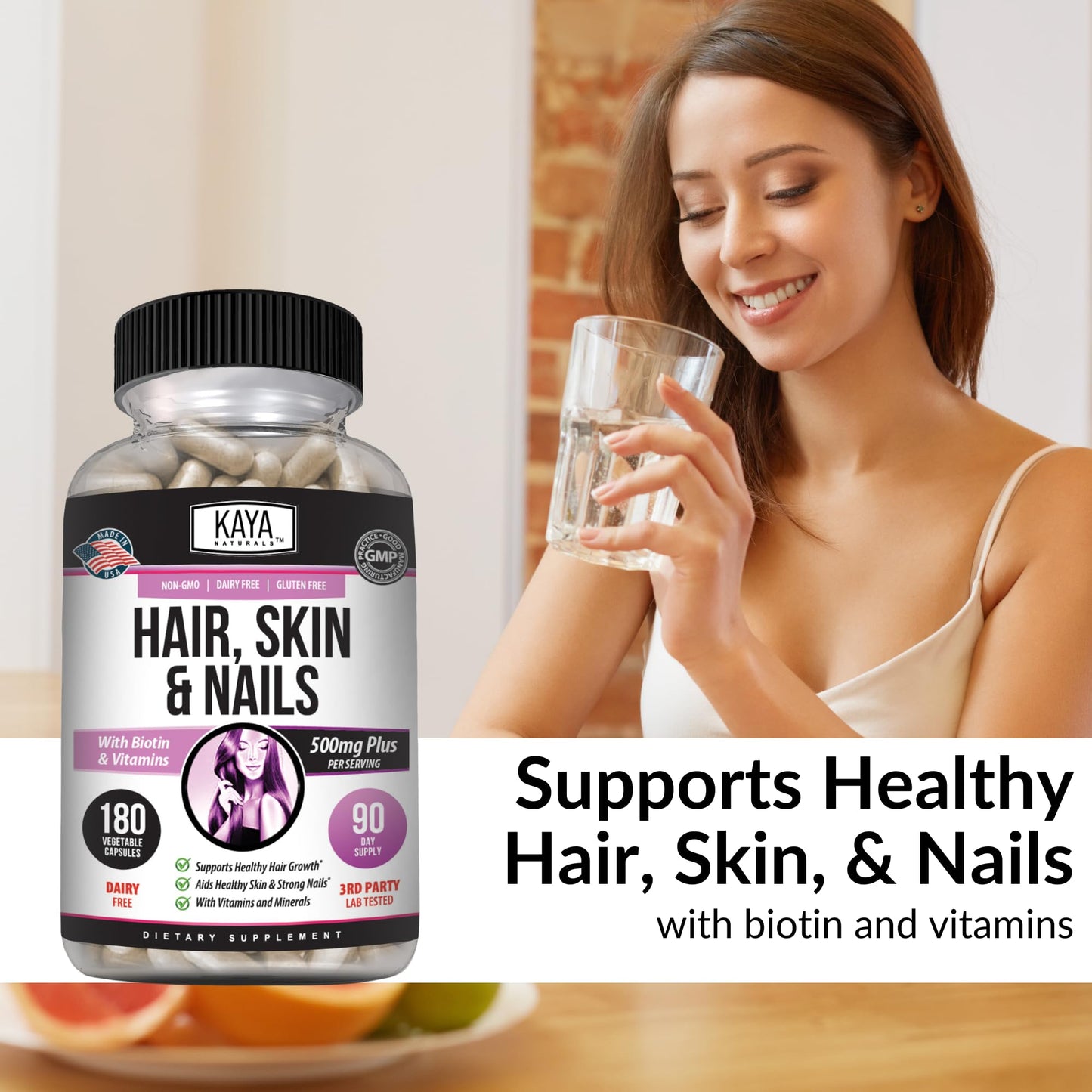 Kaya Naturals Hair Skin Nails Capsules – Biotin, Vitamin D & B-12 (180 Count)