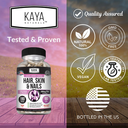 Kaya Naturals Hair Skin Nails Capsules – Biotin, Vitamin D & B-12 (180 Count)