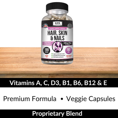 Kaya Naturals Hair Skin Nails Capsules – Biotin, Vitamin D & B-12 (180 Count)