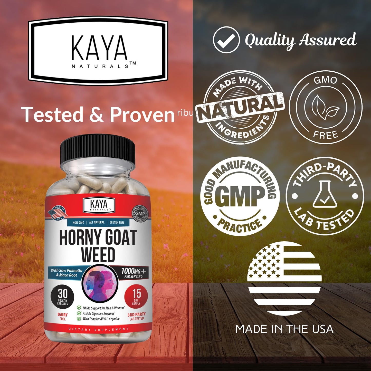 Kaya Naturals Horny Goat Weed 1560mg Complex – Maca, Saw Palmetto, Ginseng, Arginine – 30 Count