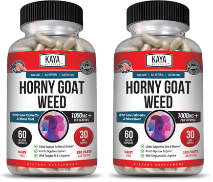 Kaya Naturals Horny Goat Weed Extract with Maca - Saw Palmetto, Ginseng, Arginine - 60 Count (Pack of 2)