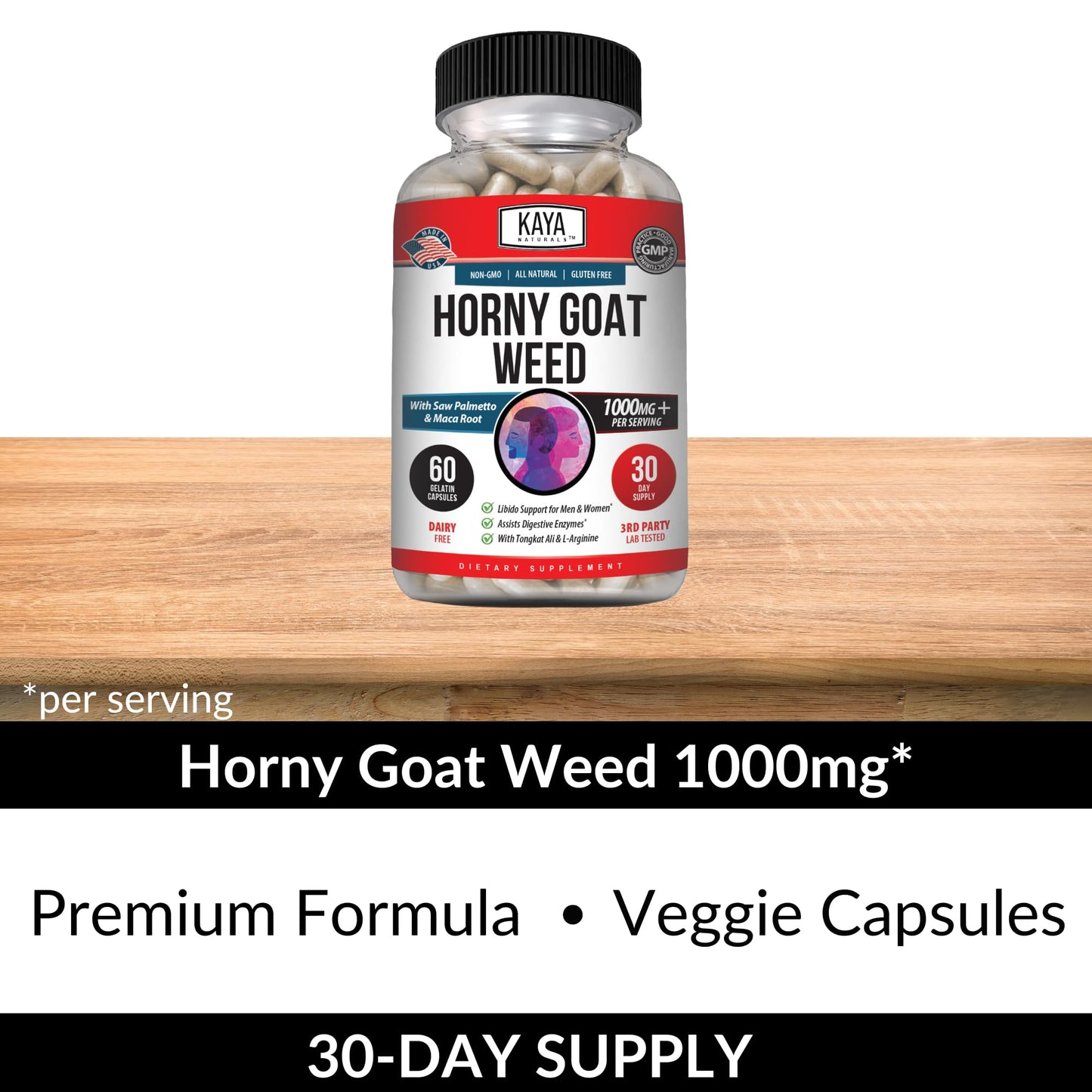 Kaya Naturals Horny Goat Weed Extract with Maca - Saw Palmetto, Ginseng, Arginine - 60 Count (Pack of 2)