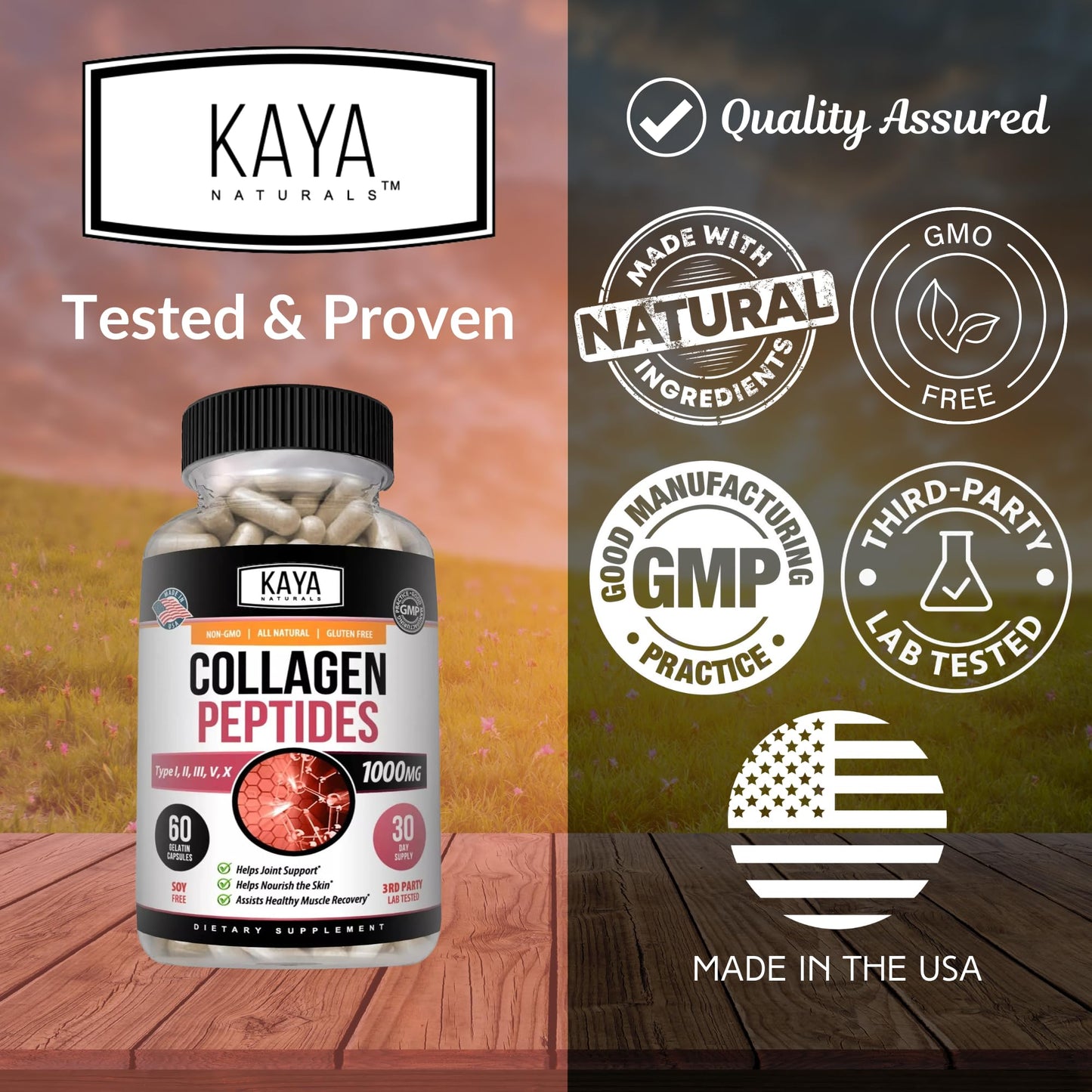 Kaya Naturals Multi Collagen Peptides Complex – Types I, II, III, V & X | 60 Count Capsules (Pack of 2)