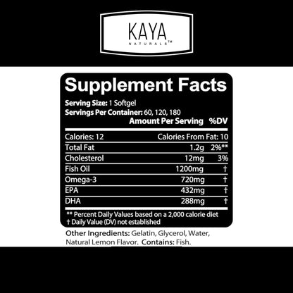 Kaya Naturals Omega-3 Supplement | 60 Softgels | Pure Sea-Harvested Pelagic Fish Oil | No Fishy Aftertaste