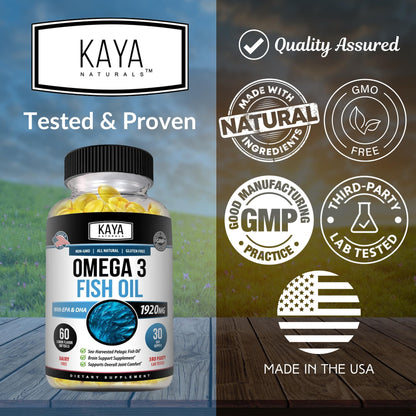 Kaya Naturals Omega-3 Supplement | 60 Softgels | Pure Sea-Harvested Pelagic Fish Oil | No Fishy Aftertaste