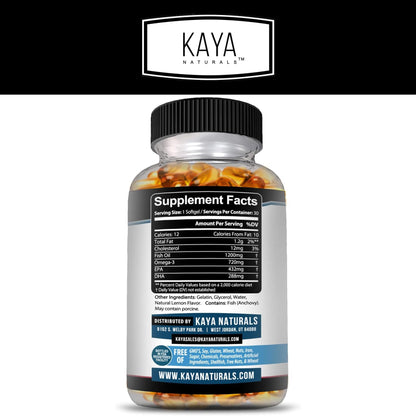 Kaya Naturals Omega-3 Fish Oil Supplement | 100% Pure Sea-Harvested Pelagic | No Fishy Aftertaste | 30 Softgels