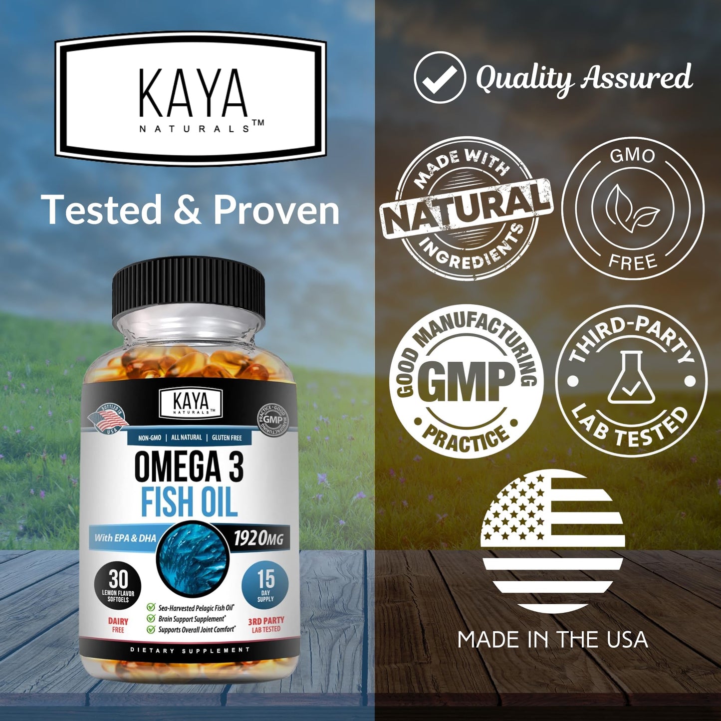 Kaya Naturals Omega-3 Fish Oil Supplement | 100% Pure Sea-Harvested Pelagic | No Fishy Aftertaste | 30 Softgels