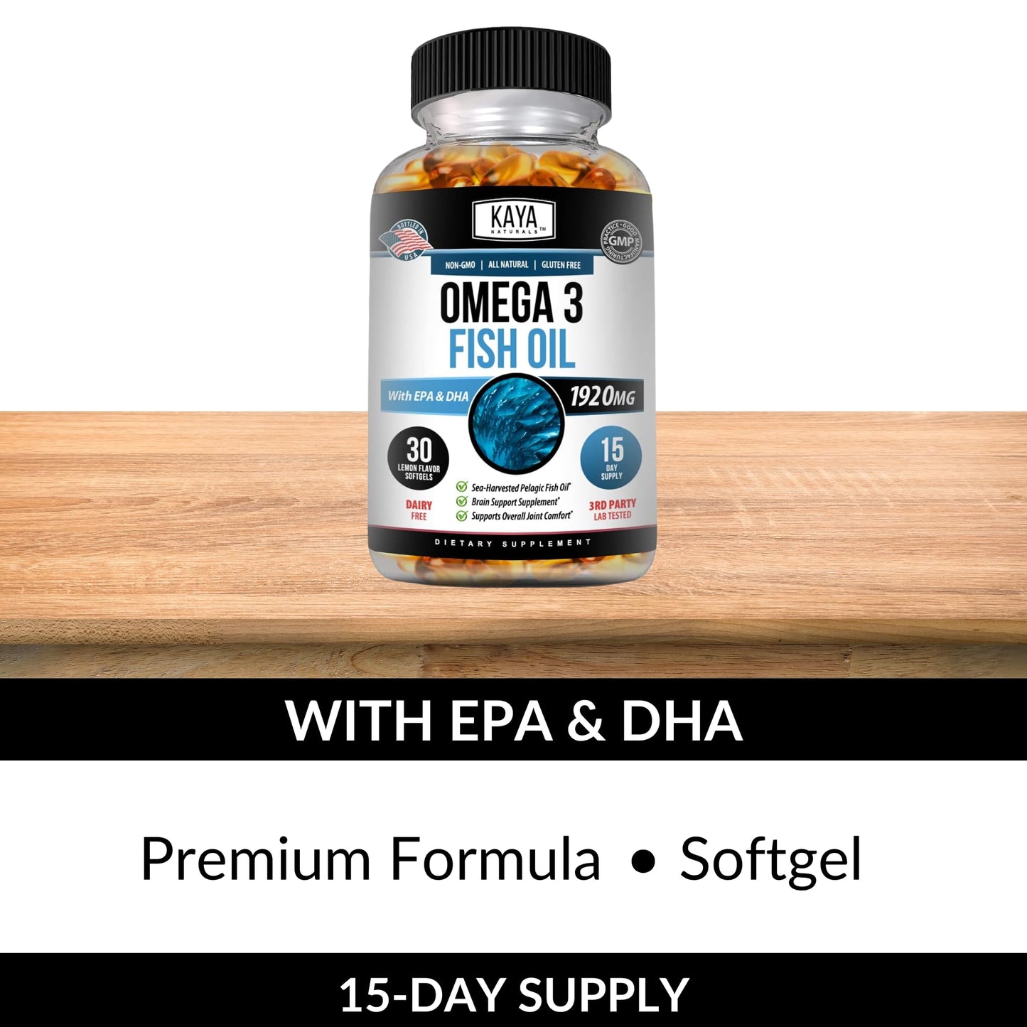Kaya Naturals Omega-3 Fish Oil Supplement | 100% Pure Sea-Harvested Pelagic | No Fishy Aftertaste | 30 Softgels