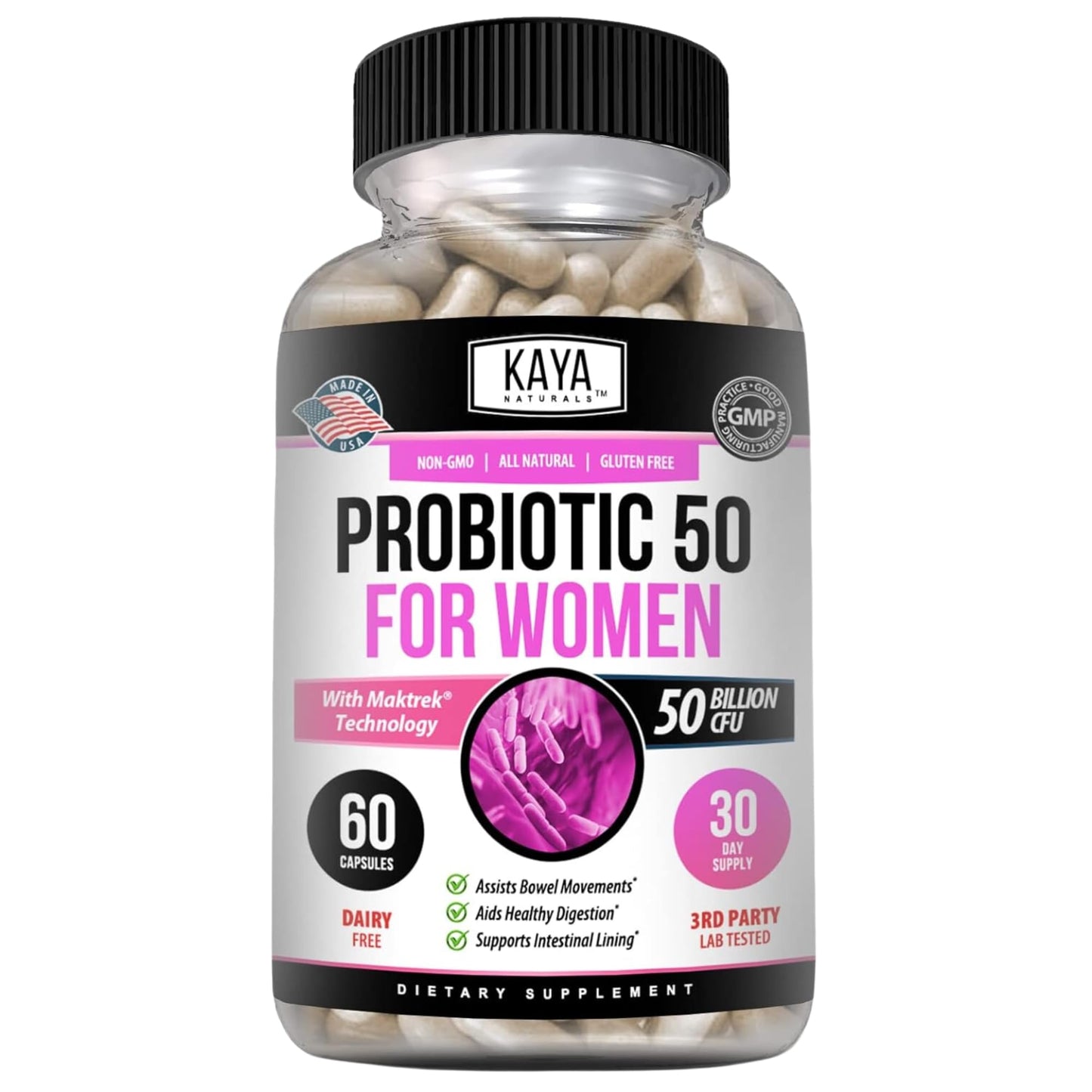 Kaya Naturals Probiotic 50 Billion CFU - Probiotics for Women, Men & Adults | Gut Health & Immune Support - 60 Veg Capsules