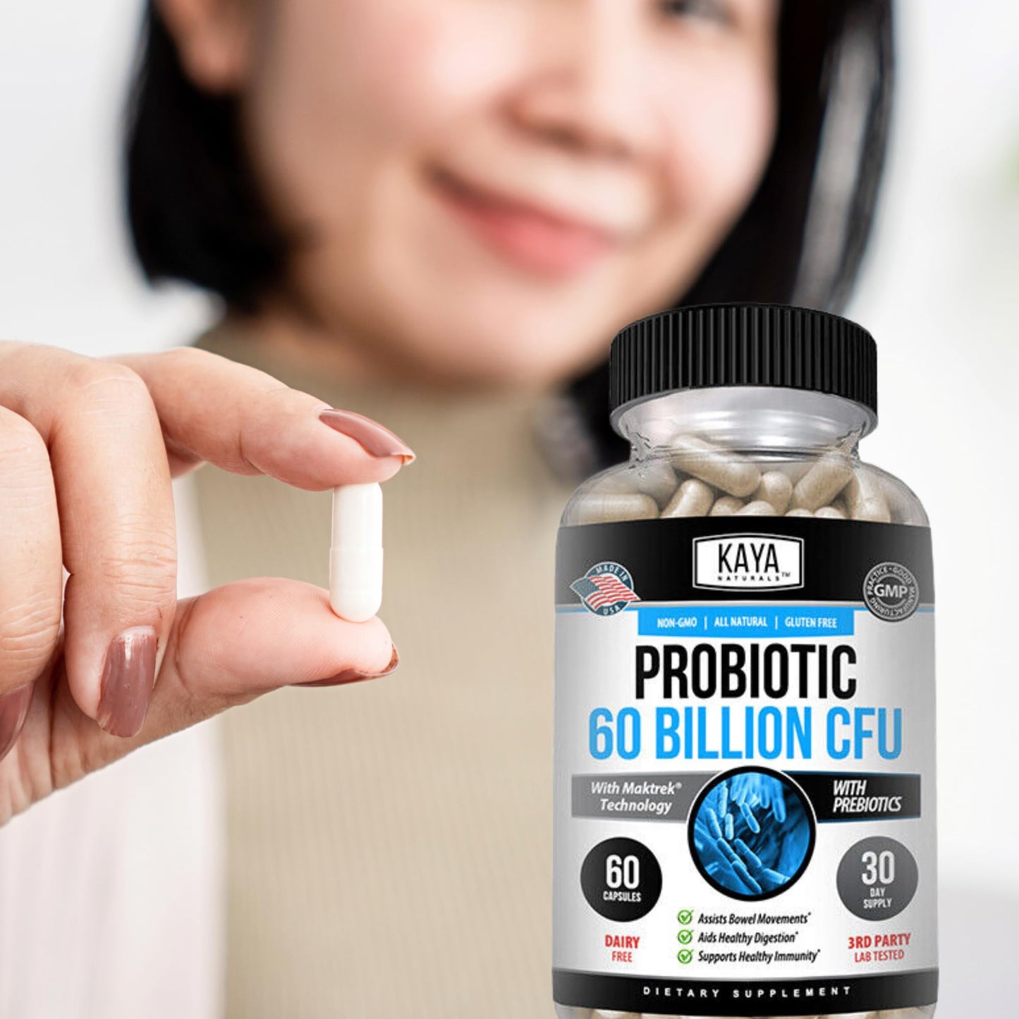 Kaya Naturals Probiotic 60 Billion CFU – Probiotics for Women, Men & Adults | Gut Health & Immune Support | 60 Vegetable Capsules